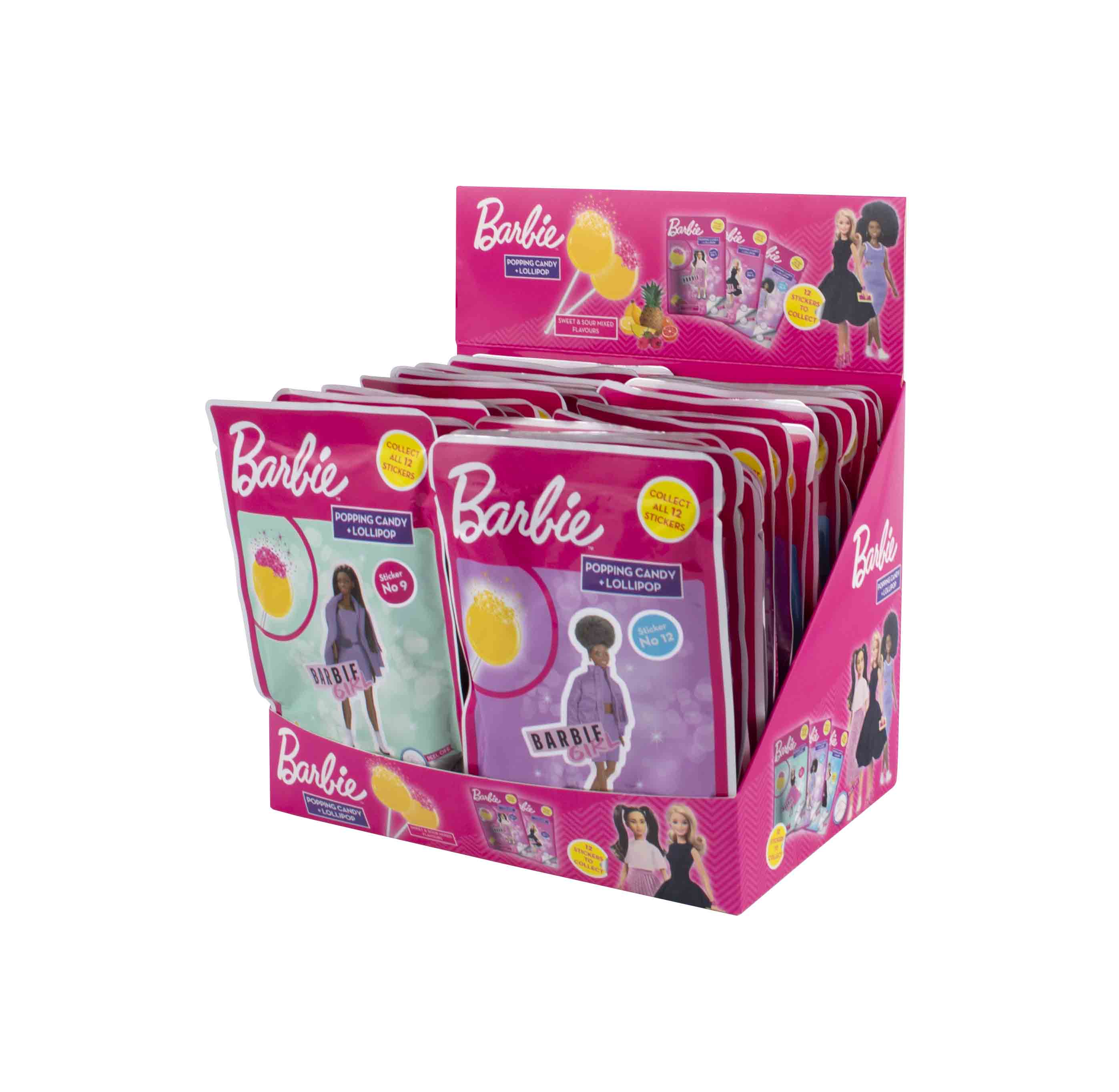 Barbie popping candy – lízátko s práskacím práškem a samolepkou 15g