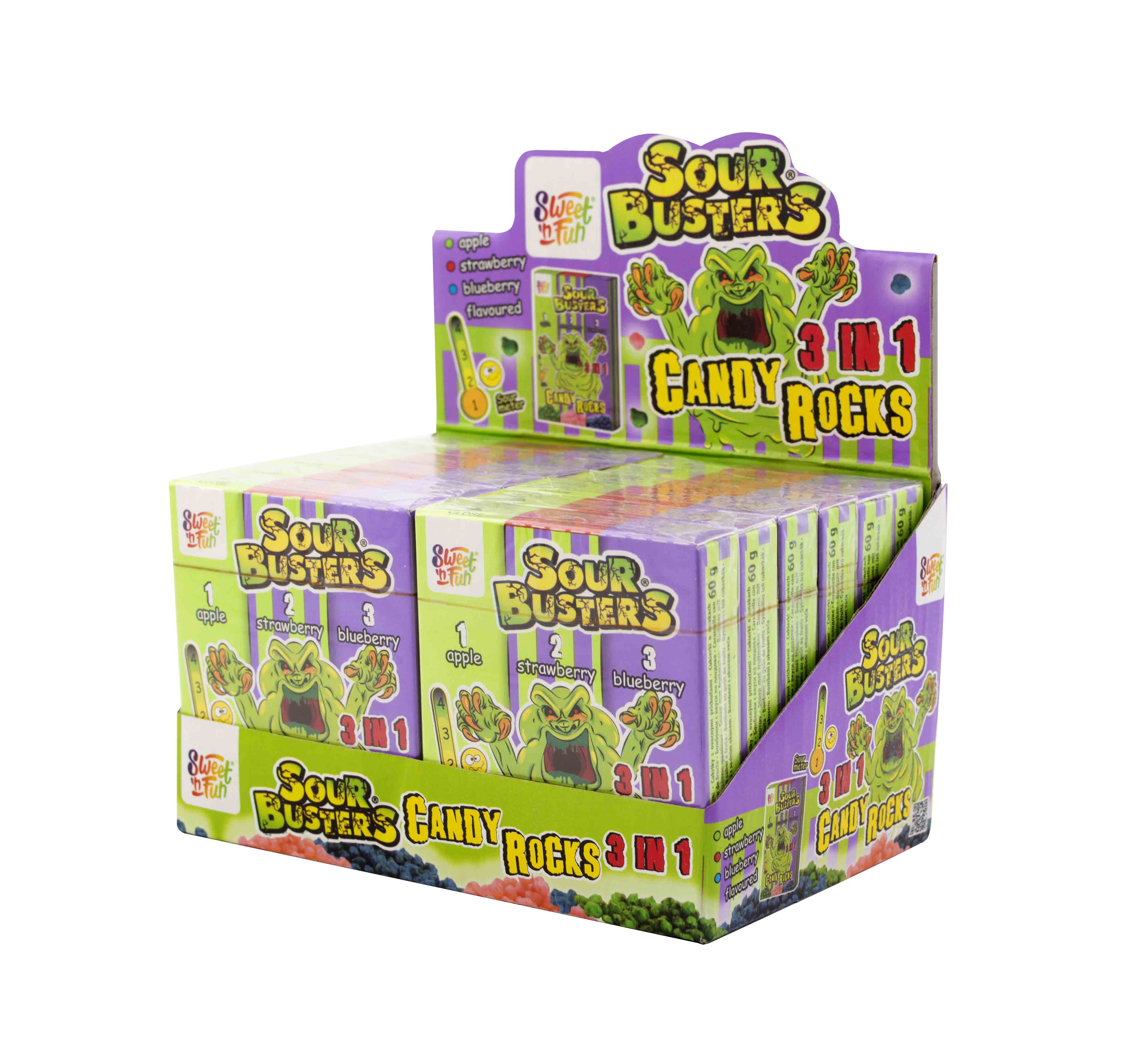 Sour Busters 3in1 Candy Rocks – sladko kyselé bobnbony kameny 60g